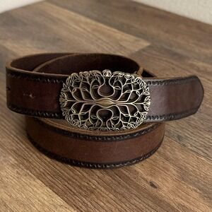 Vintage Italian Leather Belt Tree of Life Buckle Women's Size Small Made in USA